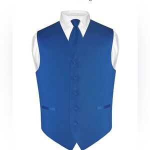 Vesuvio Napoli Men's Dress Vest & Skinny NeckTie Blue Color 2.5" Neck Tie Set